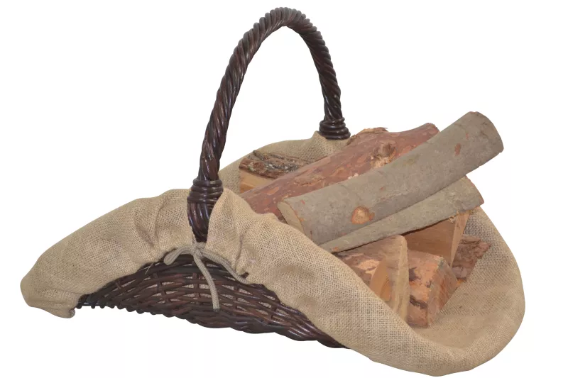 Holzkorb, Kaminholzkorb handgeflochten aus Rattan mit Jute Stoffeinsatz