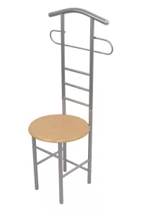 Herrendiener aus Metall mit Sitzfläche, Hosenbügel & Jackenhalter – Buche-Optik