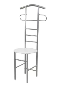 Herrendiener mit Sitzfläche in Weiß, Kleiderbutler aus Metall mit Jacken- und Hosenhalter