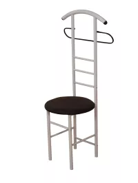 Herrendiener mit Sitzfläche, Kunstleder schwarz, Stahlgestell weiß, Jacken- und Hosenhalter