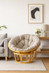 Papasan Rattansessel Ø 80 cm mit Kissen – Rund, Handgefertigt, Relaxsessel Beige