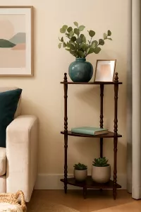 Eckregal Rusti mit 3 Böden, nussbaum