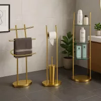 Standregal, Badregal in Messing mit 3 Klarglasplatten