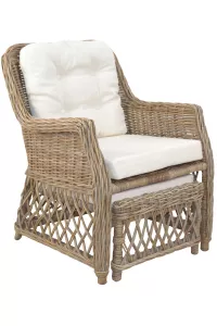 Rattansessel, Relaxsessel mit ausziehbarem Fußteil, handgeflochten, inkl. Kissen creme