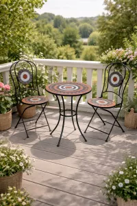 Balkonmöbel Set 3-tlg. – Metall Sitzgruppe mit Mosaik Tisch Ø60 cm & 2 Klappstühlen