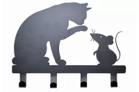 Hakenleiste Katz_Maus – Wandhaken aus Metall in Schwarz, 4 Haken, Tiermotiv