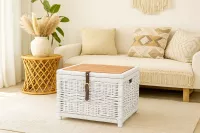 Boho Couchtisch Weiß aus Rattan mit Stauraum & Akazienholz – Handgeflochten & Montiert
