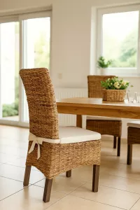 Boho Esszimmerstuhl mit handgeflochtenem Bananengeflecht & Massivholz – mit Kissen