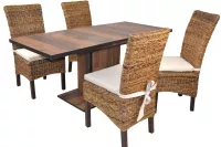 5-tlg. Essgruppe: Ausziehtisch Oldwood/Schwarz + 4 Stühle Bananengeflecht inkl. Kissen