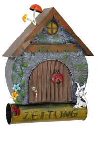 Briefkasten „Hütte“ aus Metall, bunt lackiert, mit Zeitungsfach & Schlüssel
