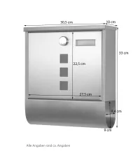 Moderner Edelstahl-Briefkasten mit Zeitungsfach und Sichtfenster