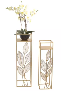 2tlg. Blumenständer-Set aus Metall, mit Blattmotiven, gold