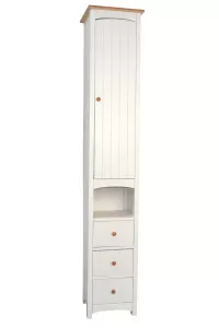 Badzimmer Hochschrank – Weiß/Natur mit Massivholzfronten und Stauraum
