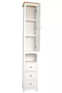 Badzimmer Hochschrank – Weiß/Natur mit Massivholzfronten und Stauraum