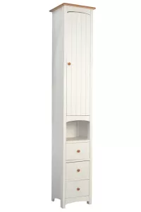 Badzimmer Hochschrank – Weiß/Natur mit Massivholzfronten und Stauraum