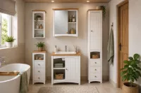 Badezimmer Hängeregal in Weiß mit naturfarbener Oberplatte –  2 Ablageböden