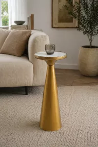 Eleganter Beistelltisch in Antik-Gold 67 cm hoch – Moderner Metalltisch mit Spiegelglas, Ø30 cm 