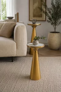 Eleganter Beistelltisch Gold aus Metall mit Spiegelglas  60 cm hoch – rund, Ø30 cm, montiert