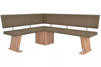Moderne Eckbank, Eiche-Dekor, Kunstleder taupe, kurzer Schenkel links
