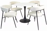Design-Esstischgruppe 5-tlg. – Glastisch in Marmoroptik & 4 cremefarbene Samtstühle