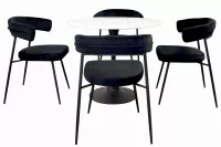 5-teilige Essgruppe in Marmoroptik Weiß – Runder Esstisch & 4 Samtstühle Schwarz