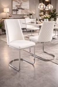 Freischwinger Stuhl 2er Set Weiß – Gepolstert mit Chromgestell & Rautensteppung