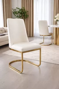 Moderner Schwingstuhl (1 Stück) Weiß mit Messinggestell – Gepolsterter Esszimmerstuhl