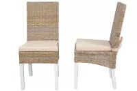 Esszimmerstuhl 2er Set, aus Kubu-Rattan handgeflochten, naturgrau-weiß, mit Kissen
