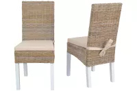 Esszimmerstuhl 2er Set, aus Kubu-Rattan handgeflochten, naturgrau-weiß, mit Kissen