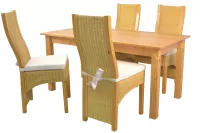 5tlg. Massivholz-Tischgruppe, 4 handgefertigen Rattanstühlen, inkl. Kissen