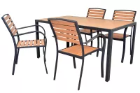 Moderne Gartenmöbel Sitzgruppe (5-tlg.) – Tisch 150x90 cm & 4 stapelbare Armlehnstühle, Metall & Holzoptik