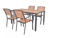 Moderne Gartenmöbel Sitzgruppe (5-tlg.) – Tisch 150x90 cm & 4 stapelbare Armlehnstühle, Metall & Holzoptik