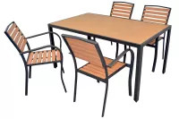 Moderne Gartenmöbel Sitzgruppe (5-tlg.) – Tisch 150x90 cm & 4 stapelbare Armlehnstühle, Metall & Holzoptik