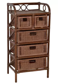 Rattanregal mit 5 Schubladen – Handgeflochtene Kommode aus Rattanrohr in Dunkelbraun