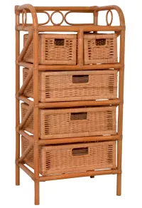Rattanregal mit 5 Schubkästen – handgeflochten, Holzrahmen, honigfarben, dekorativ & robust