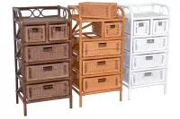 Rattanregal mit 5 Schubkästen – handgeflochten, Holzrahmen, honigfarben, dekorativ & robust