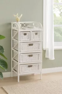 Rattanregal Weiß – Hochwertiges, Handgeflochtenes Regal mit 5 Schubkästen aus Rattan