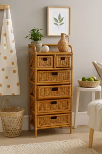 Rattanregal handgeflochten – Naturmöbel mit 6 Schubladen, Boho-Design in Honigfarben