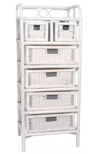 Rattanregal Weiß mit 6 Schubkästen – Handgeflochten, Boho Look, Naturmöbel