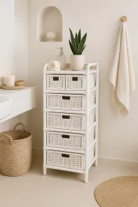 Rattanregal Weiß mit 6 Schubkästen – Handgeflochten, Boho Look, Naturmöbel