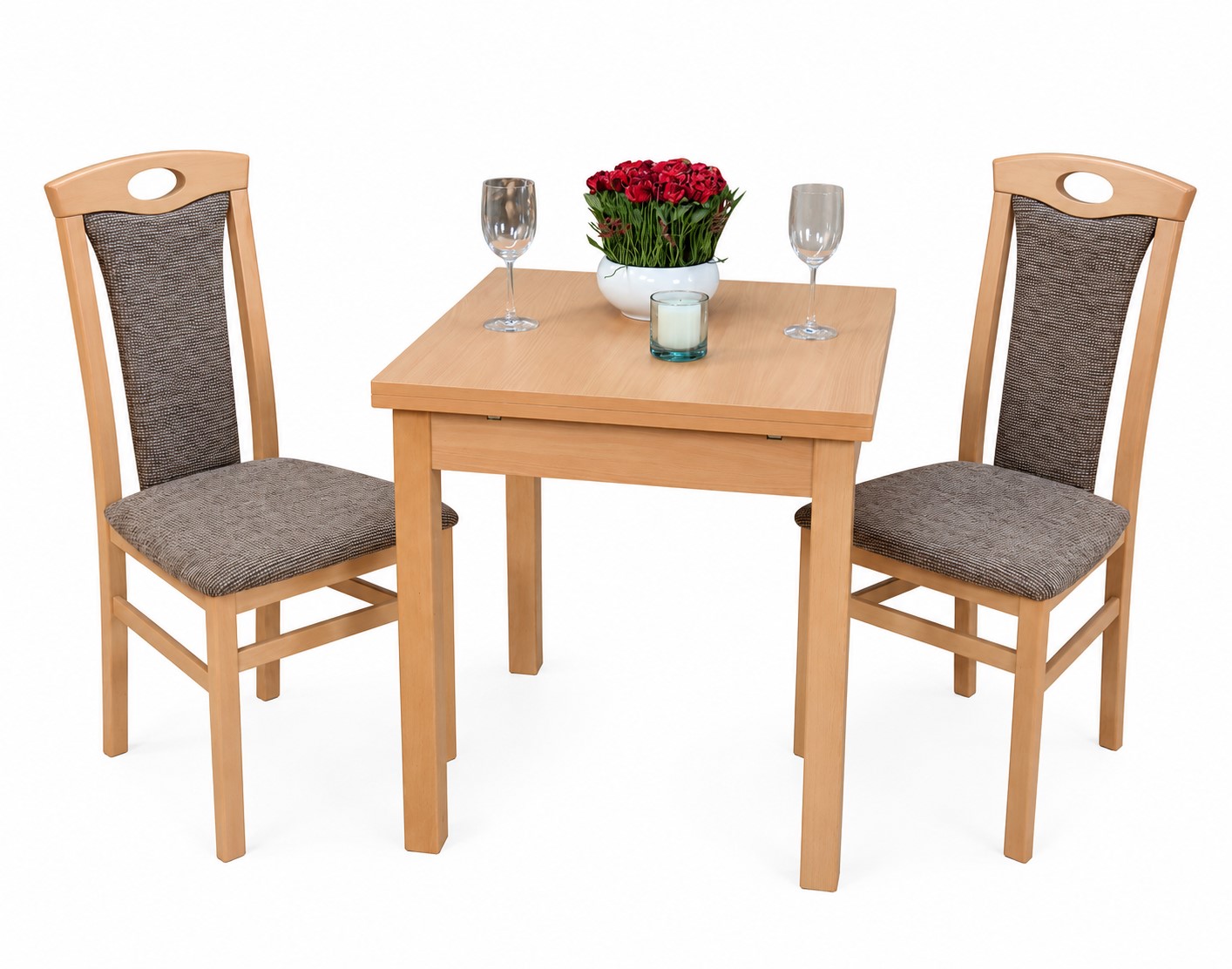 Essgruppe 3-teilig mit 2 Polsterstühlen, ausziehbarer Esstisch 67–127 cm, Buche/Cappuccino