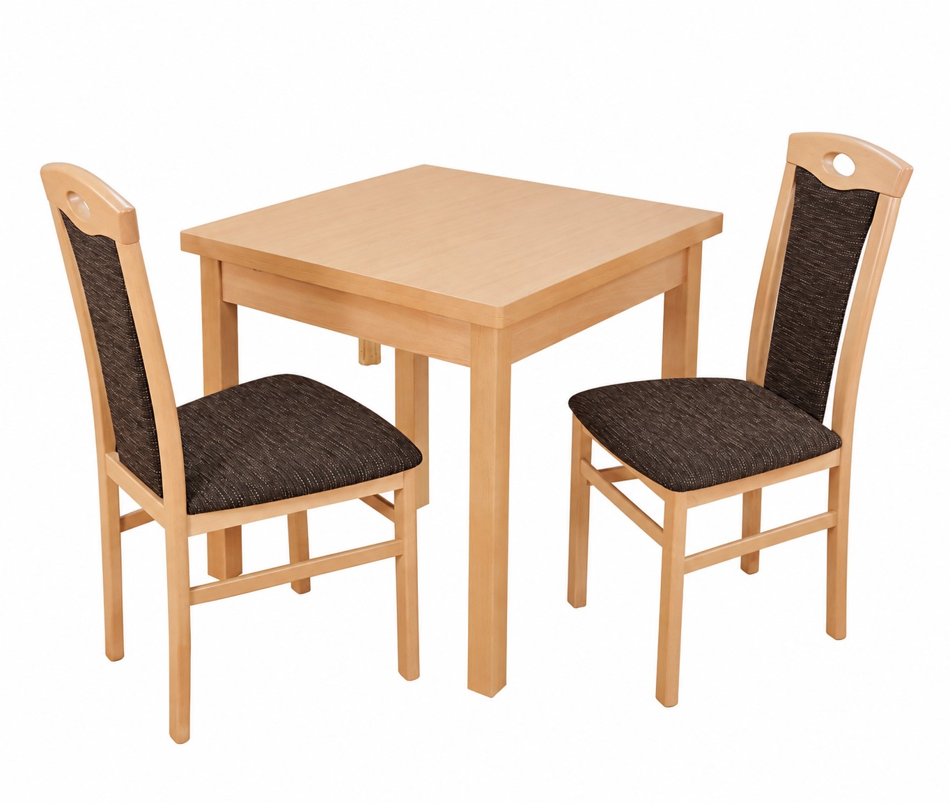 Essgruppe 3-teilig in Bucheoptik mit 2 Polsterstühlen Schoko – Tisch ausziehbar 67–127 cm
