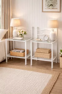 Nachtkonsolen 2er Set im Landhausstil aus Metall mit Glasablage – Cremeweiß