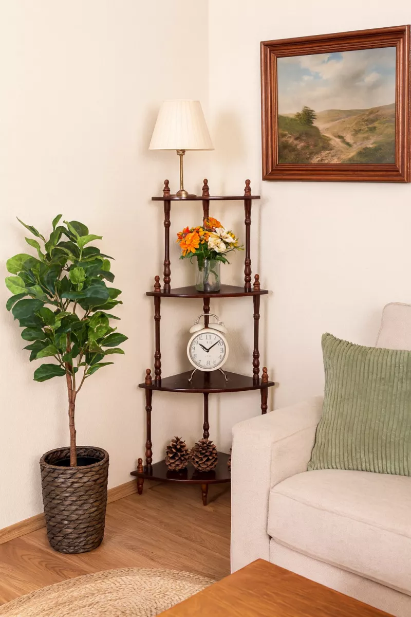 Eckregal Rusti mit 4 Böden, nussbaum