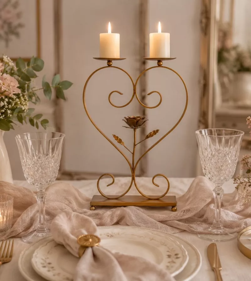 Kerzenständer/-halter Herz und Rose, goldfarben
