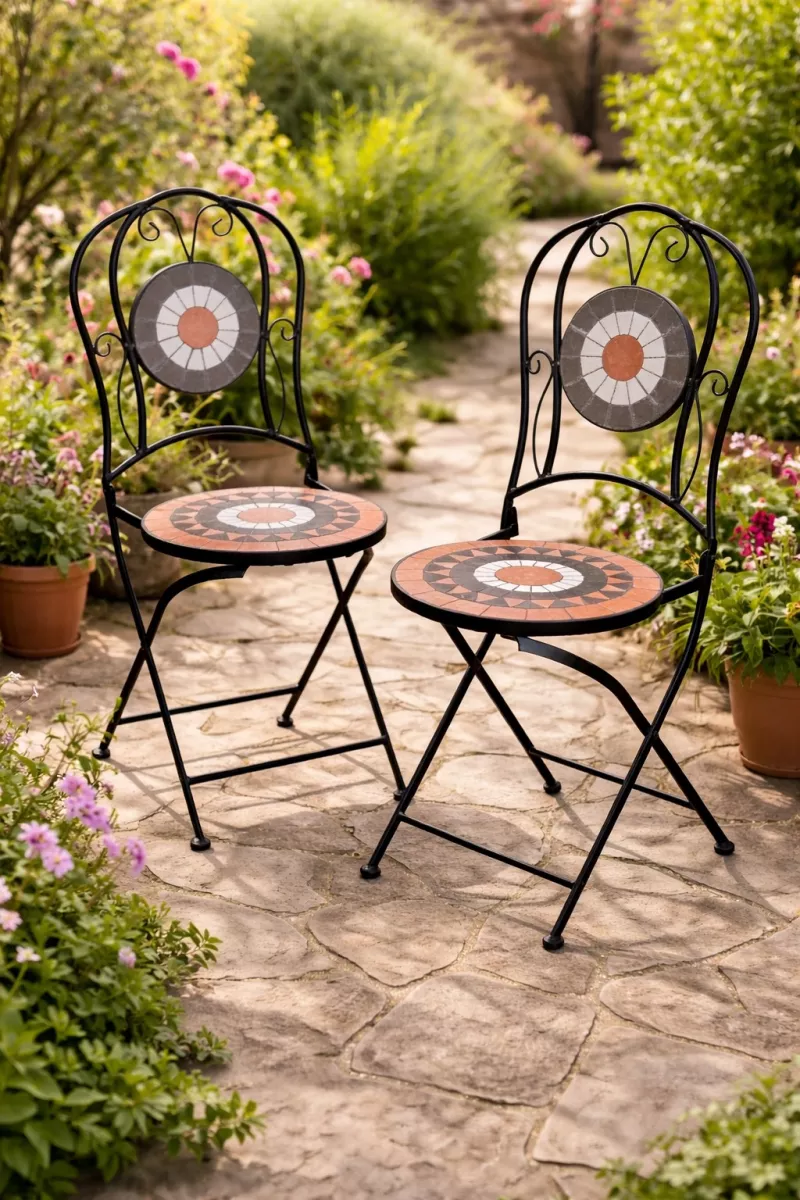 Romantische Mosaik-Gartenstühle (2er-Set) – Klappbar & Metall Schwarz