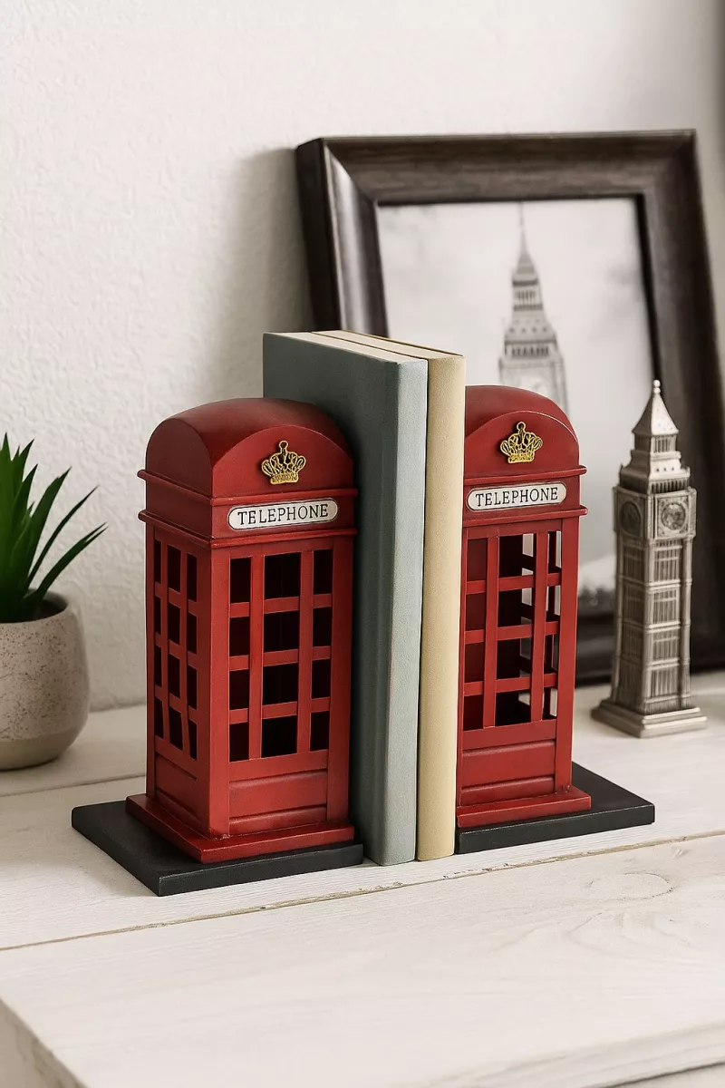 Buchstützen Telefonhäuschen aus Metall – Antik-Rot im London-Design, Vintage Deko mit Krone