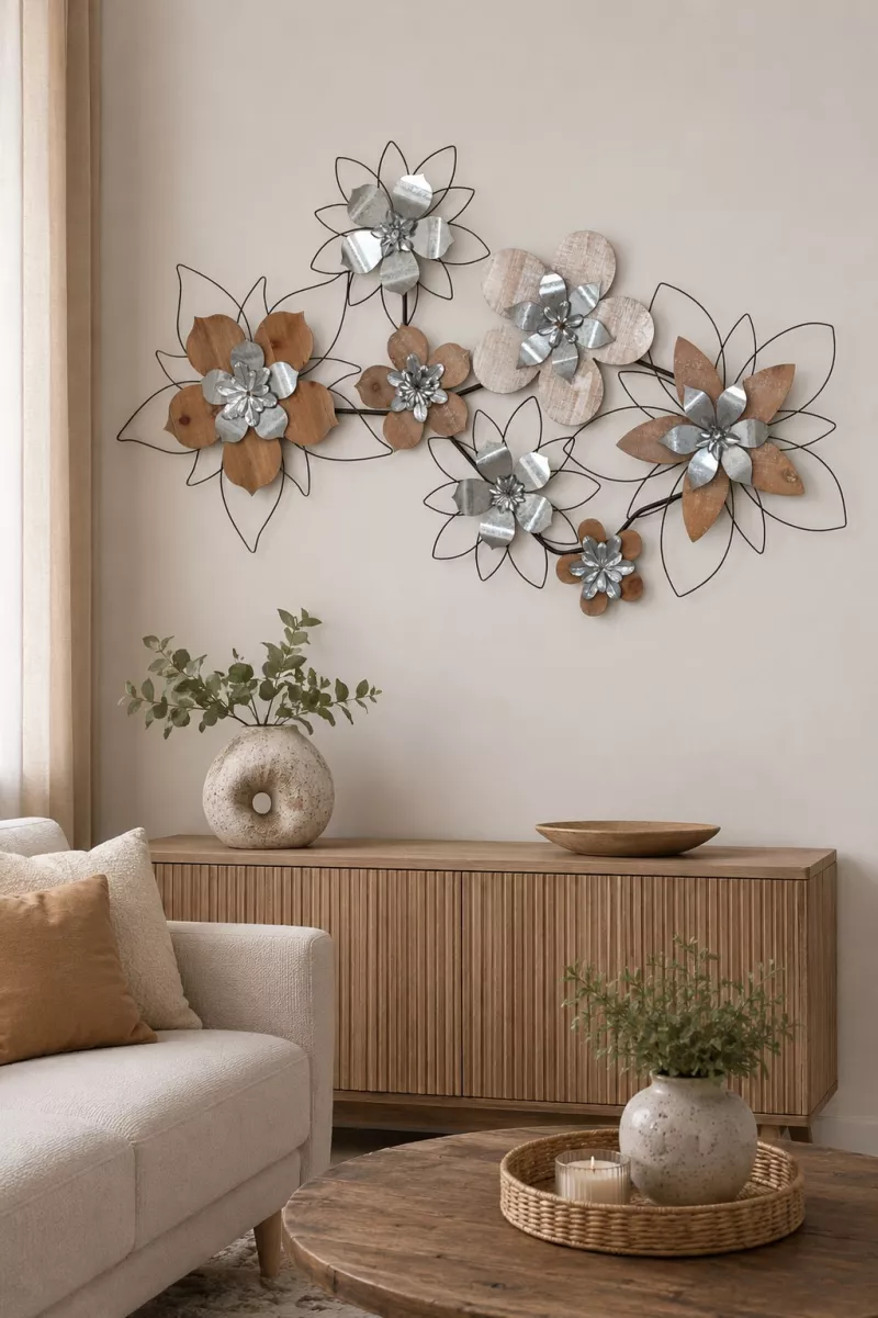 Große Wanddekoration aus Metall & Holz mit Blütenmotiv – 123 cm