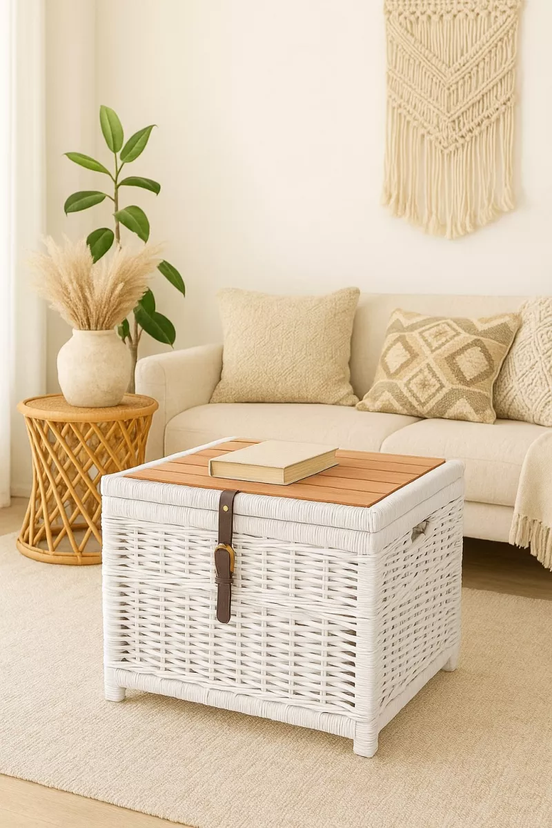 Boho Couchtisch Weiß aus Rattan mit Stauraum & Akazienholz – Handgeflochten & Montiert