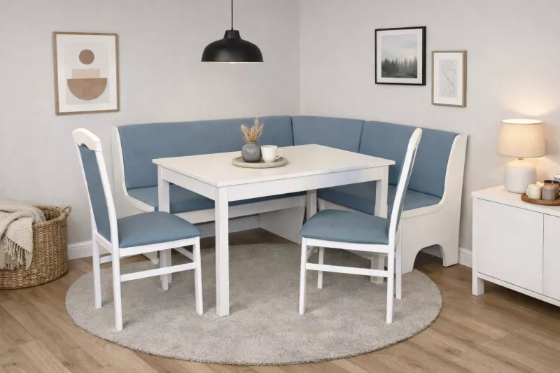 Moderne Eckbankgruppe Weiß mit Stauraum – 165x125 cm, Kunstleder Blau, Tisch ausziehbar